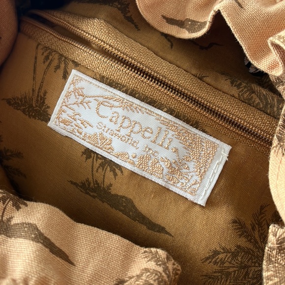 Cappelli Straworld Straw Cinched Tote Bag Island Print Wooden Palm Tree Charms - Picture 10 of 11